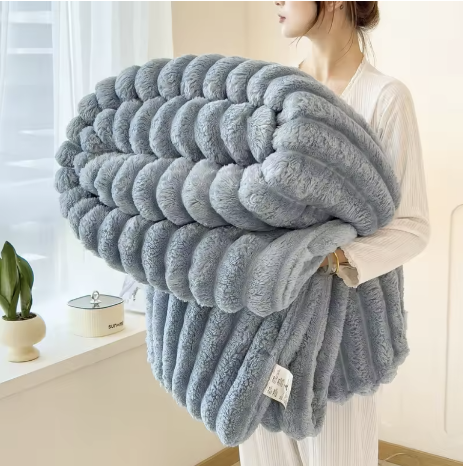 Solid Color Thickened Wide-striped Multifunctional Blanket for Bed, Nap & Pets